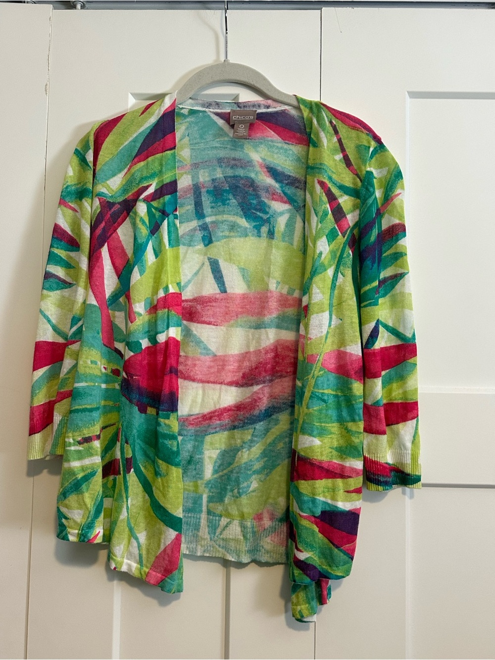 Chico's Open-Front Cardigan in Green, Teal & Fuchsia